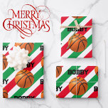 Basketbal met Kinderen naam Christmas Red & Green  Inpakpapier Vel<br><div class="desc">Basketbal met de Naam van het Kind Kerstmis Rood & Groen 3 Verpakkende Document Bladen</div>