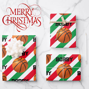 Basketbal met Kinderen naam Christmas Red & Green Inpakpapier Vel