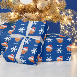 Basketbal met Rode Kerstman Hoed Sneeuwvlok Naam Cadeaupapier