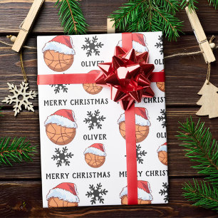 Basketbal met rode Kerstmanhoed Sneeuwvlok Naam Cadeaupapier