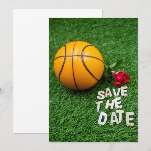 Basketbal met rode rozen save the date kaart (Voorkant / Achterkant)
