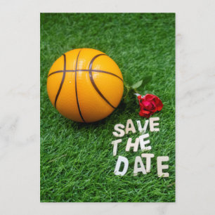 Basketbal met rode rozen save the date kaart