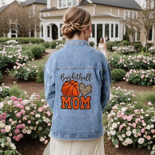 Basketbal Moeder Leopard Print Sport Typografie Denim Jacket (Huwelijk Achterkant)