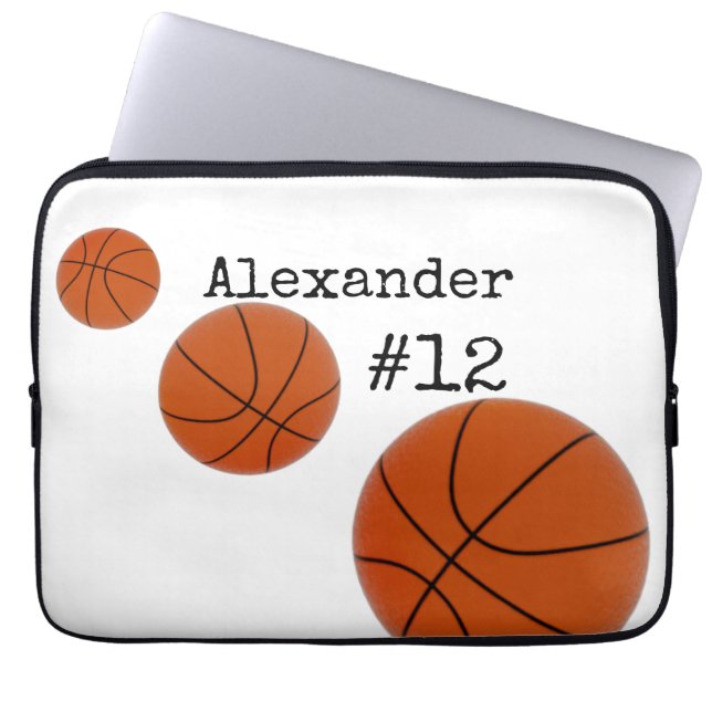 Basketbal Naam en Nummer Witte achtergrond Laptop Sleeve (Voorkant)