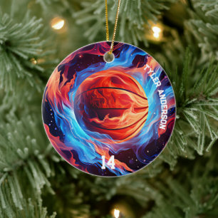 Basketbal naam en speler nummer vuur en ijs keramisch ornament