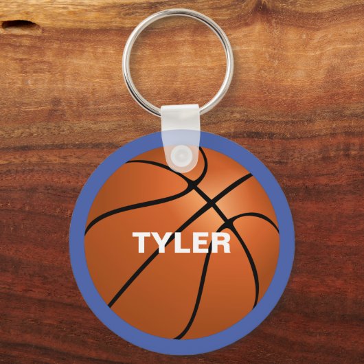 Basketbal, Naam in Wit op Blauw Sleutelhanger (Achterkant)