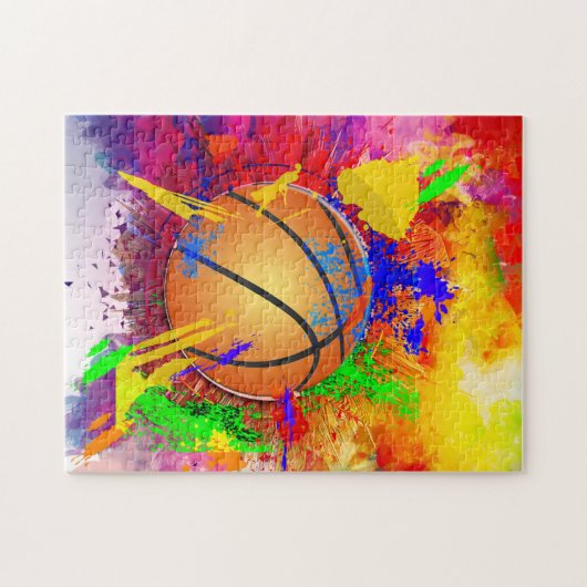 Basketbal Neon Verfspatten Modern Plezier Legpuzzel (Horizontaal)