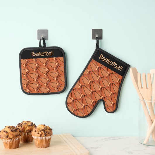 Basketbal ontwerp Oven Mitt en Pothouders Ovenwant & Pannenlap Set (Insitu(Ophanging))