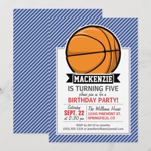 Basketbal op Blue & White Stripes Kaart (Voorkant / Achterkant)