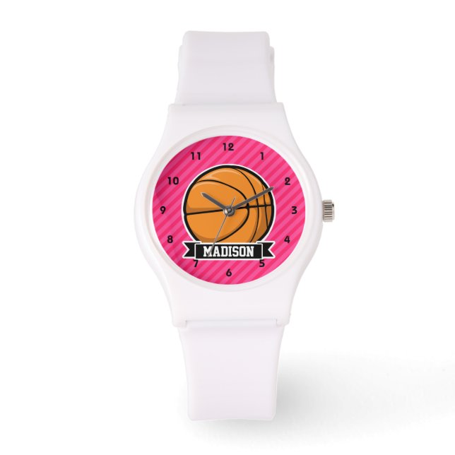 Basketbal op roze strepen, gestreept horloge (Voorkant)