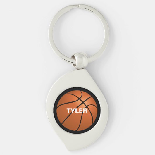 Basketbal op zwarte achtergrond, witte naam sleutelhanger (Voorkant)