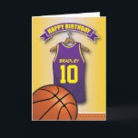 Basketbal Paarse Jersey Sport Custom Verjaardag Kaart<br><div class="desc">Gepersonaliseerde kinder basketbal verjaardagsbasketbal wenskaarten met een geel vervaagde achtergrond en een geel & paarse basketbaltrui die u kunt personaliseren met de naam en leeftijd van het kind, en een basketbal aan de onderkant. Deze sportverjaardagskaart zal indruk maken op het verjaardagskind, of het nu je kind / dochter, neef /...</div>