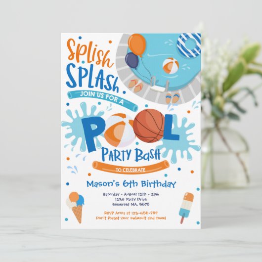 Basketbal Pool Party Splish Splash Pool Verjaardag Kaart (Staand voorkant)