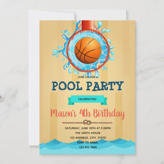 Basketbal Pool Party uitnodiging (Voorkant)