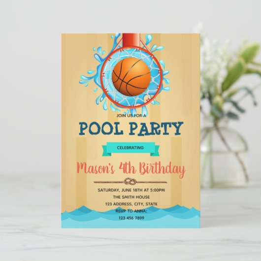 Basketbal Pool Party uitnodiging (Staand voorkant)