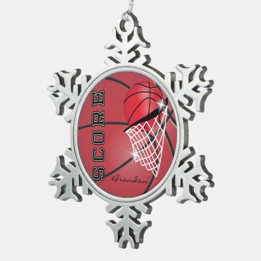 Basketbal | Rood | Personaliseren Tin Sneeuwvlok Ornament (Rechts)