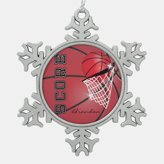 Basketbal | Rood | Personaliseren Tin Sneeuwvlok Ornament (Voorkant)