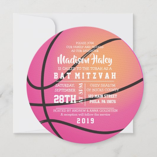 BASKETBAL ROZE Bat Mitzvah uitnodiging (Voorkant)