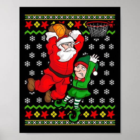 Basketbal Santa Claus Slam Dunk Elf Ugly Christmas Poster (Voorkant)