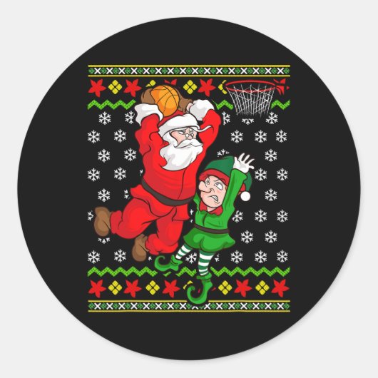 Basketbal Santa Claus Slam Dunk Elf Ugly Christmas Ronde Sticker (Voorkant)