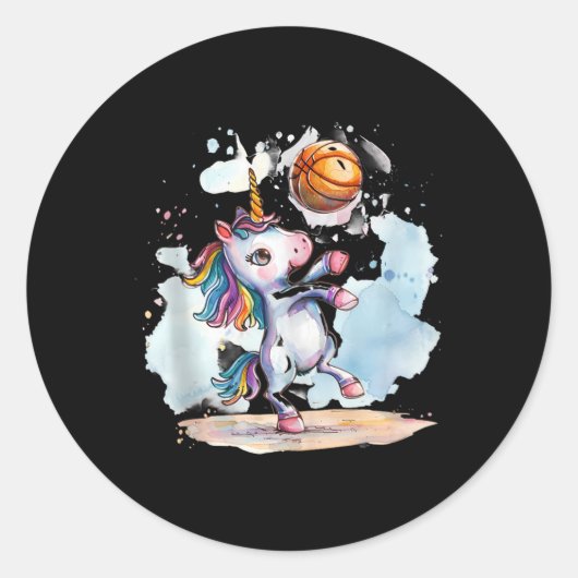 Basketbal Schattigee Eenhoorn Kleurrijke Tekening Ronde Sticker (Voorkant)