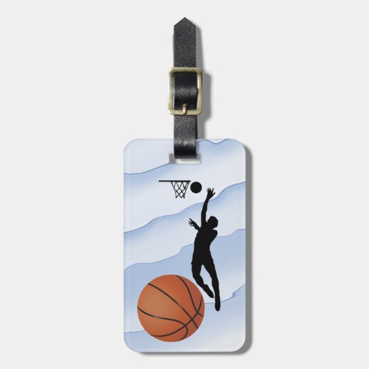 Basketbal -- Silhouet van Speler plus Bal Bagagelabel (Voorkant verticaal)