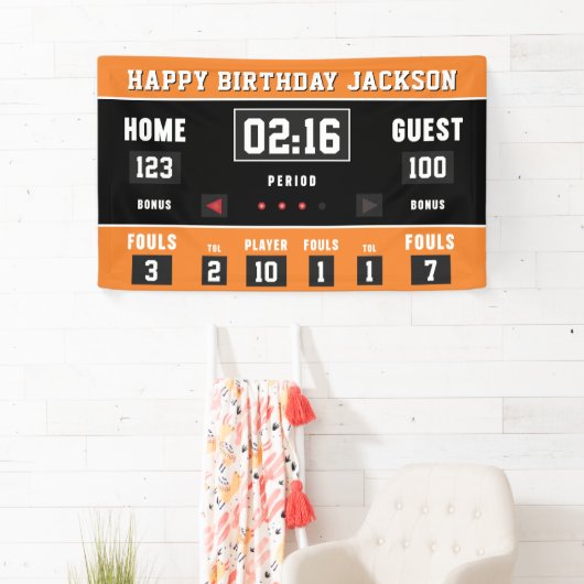 Basketbal Sinaasappel Zwart Scorebord Happy Birthd Spandoek (Insitu)