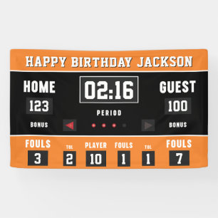 Basketbal Sinaasappel Zwart Scorebord Happy Birthd Spandoek