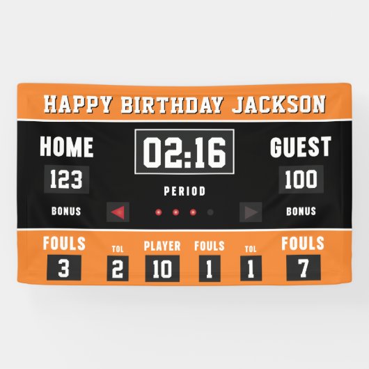 Basketbal Sinaasappel Zwart Scorebord Happy Birthd Spandoek (Horizontaal)