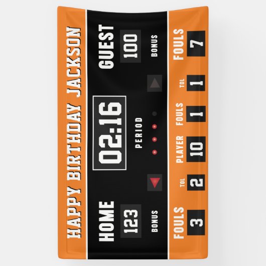 Basketbal Sinaasappel Zwart Scorebord Happy Birthd Spandoek (Verticaal)