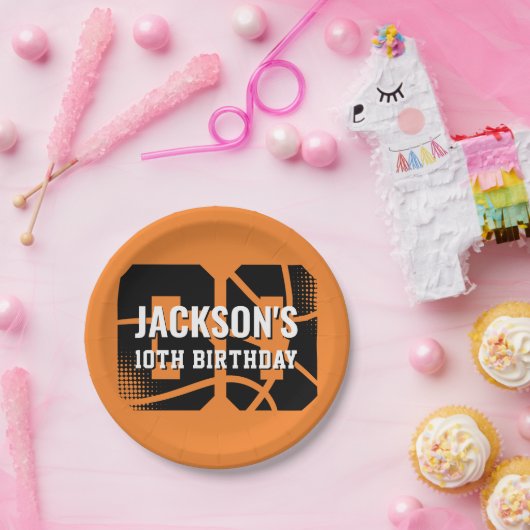 Basketbal Sinaasappel Zwart Verjaardagsfeestje Papieren Bordje (Feest)