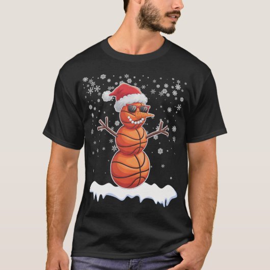 Basketbal Sneeuwman Kerstman Hoed Sneeuwvlokken T-shirt (Voorkant)