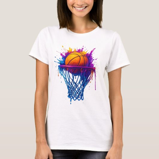 Basketbal Splash Art – Levendig sportontwerp T-shirt (Voorkant)