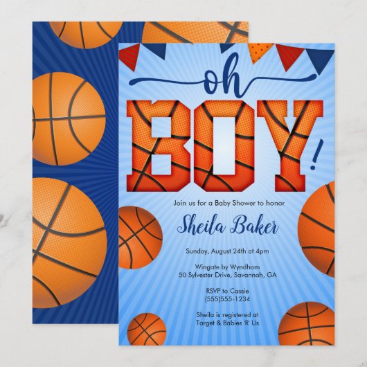 Basketbal Sport Baby shower Uitnodiging - Oh Boy (Voorkant / Achterkant)