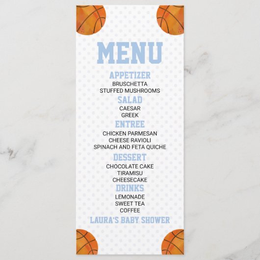 Basketbal Sport Blauw Baby shower Voedsel Menu (Voorkant)