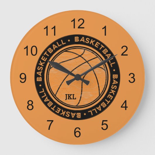 Basketbal Sport Monogram Muurklok Grote Klok (Voorkant)