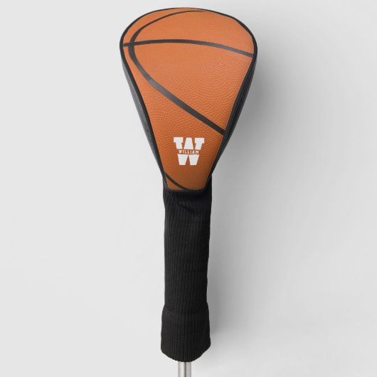 Basketbal Sport Sinaasappel & Zwarte Naam Monogram Golfheadcover (Voorkant)