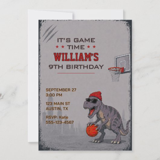 Basketbal T-Rex verjaardagsuitnodiging Kaart (Voorkant)