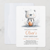Basketbal teddybeer eerste verjaardag uitnodiging (Voorkant / Achterkant)