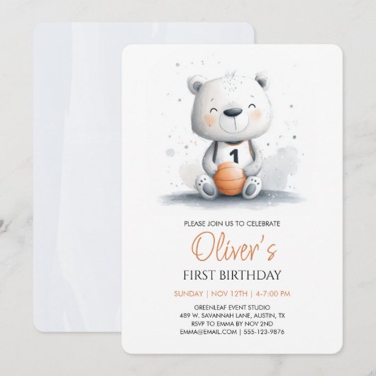 Basketbal teddybeer eerste verjaardag uitnodiging (Voorkant / Achterkant)