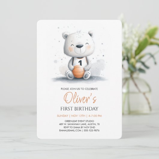 Basketbal teddybeer eerste verjaardag uitnodiging (Staand voorkant)