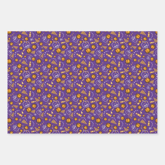 Basketbal thema Pattern Design Gold & Paarse Inpakpapier Vel (Voorkant)