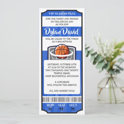 BASKETBAL TICKET Bar/Bat Mitswa uitnodiging (Staand voorkant)