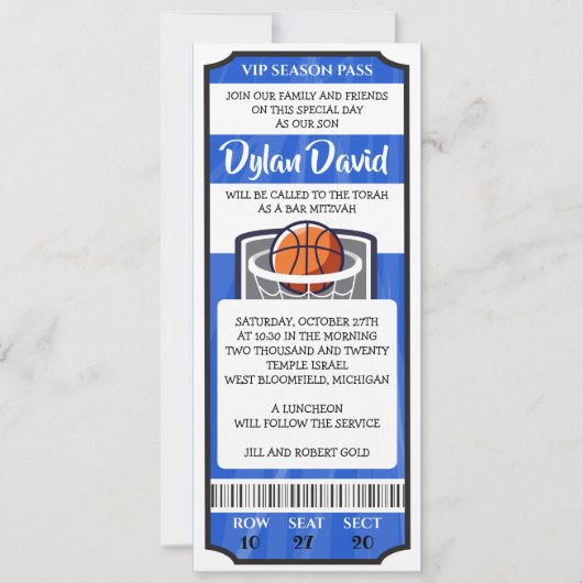 BASKETBAL TICKET Bar/Bat Mitswa uitnodiging (Voorkant)