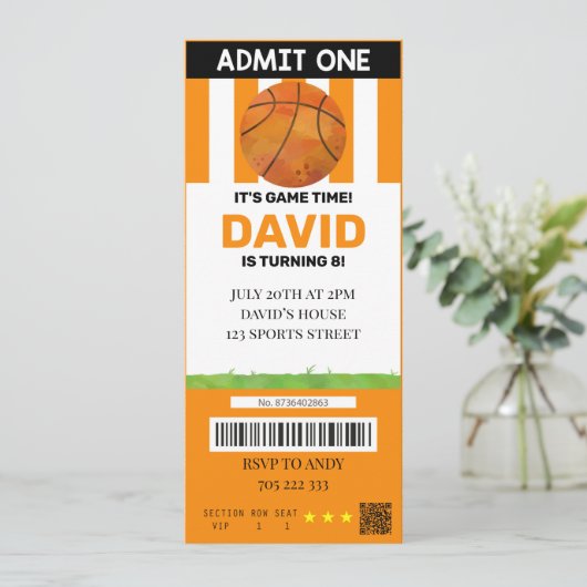 Basketbal Ticket Verjaardag Jongen Sport Party Kaart (Staand voorkant)