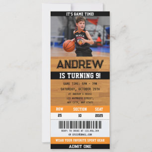 Basketbal Ticket Verjaardagsuitnodiging met een fo Kaart