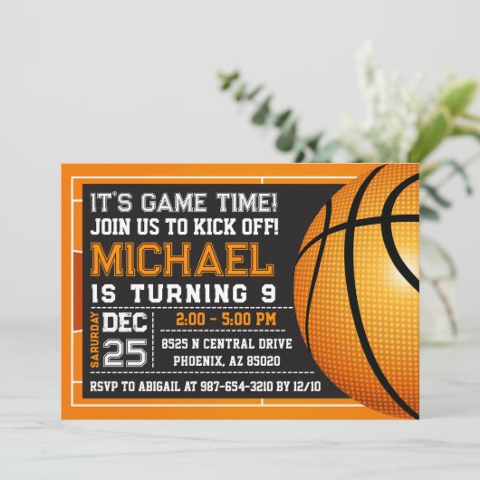 Basketbal uitnodiging, Basketbal verjaardagsfeest Kaart (Staand voorkant)