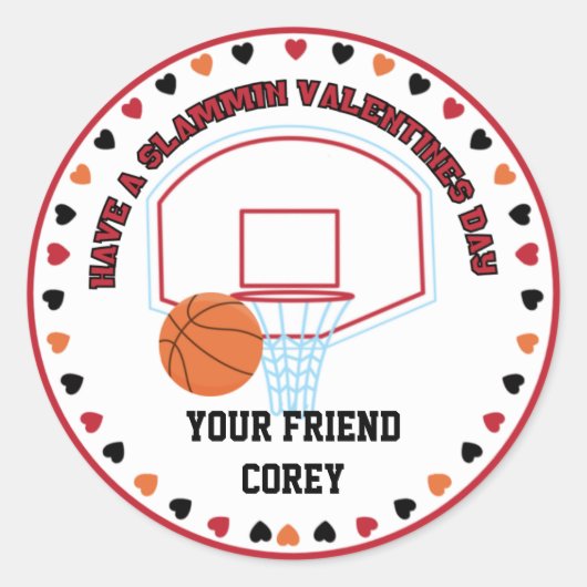 Basketbal Valentijns  Classroom Gepersonaliseerde  Ronde Sticker (Voorkant)