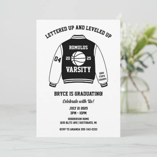 Basketbal Varsity Jacket Graduation Party Kaart (Staand voorkant)