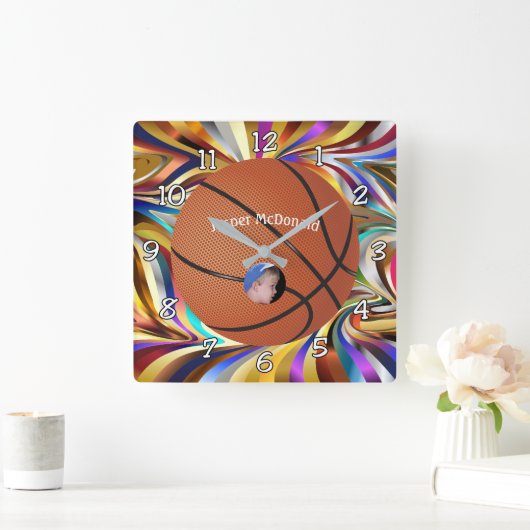 Basketbal veelkleurige Burger Foto personaliseren Vierkante Klok (Huis)